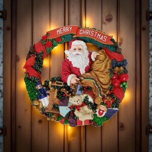 Vintage Resin Merry Christmas Santa Wreath With Bag and Presents.